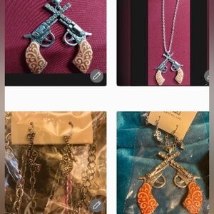 DaVinci Intricate duel pistol crystal crossover revolver NECKLACE EARRINGS NWV